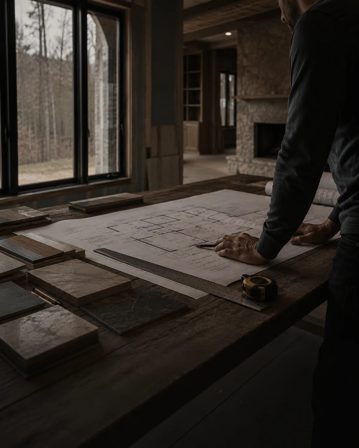 Contractor reviewing renovation plans with material samples and measuring tools on a work table.