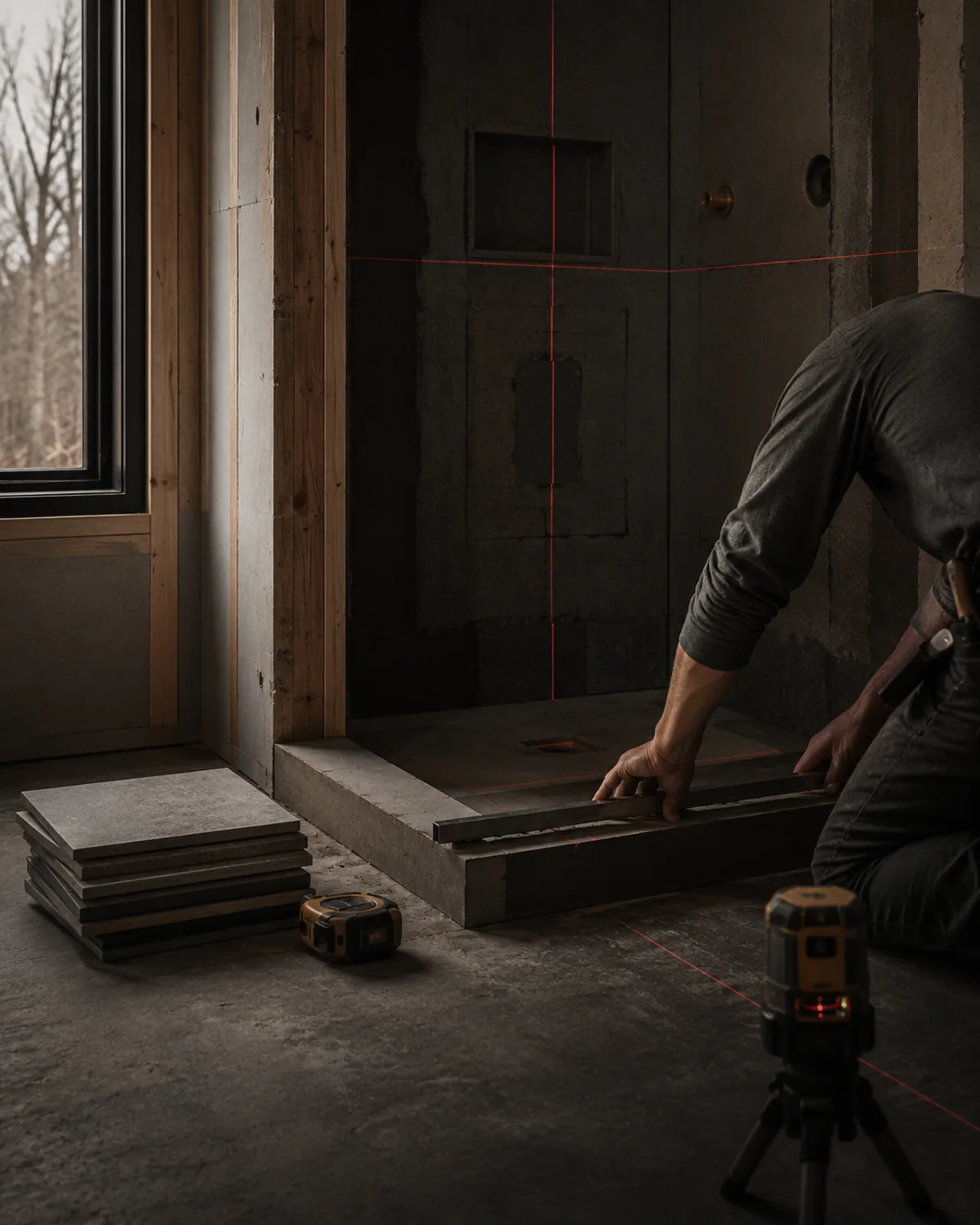Clean construction prep showing framing, layout lines, and waterproofing details before finish work.