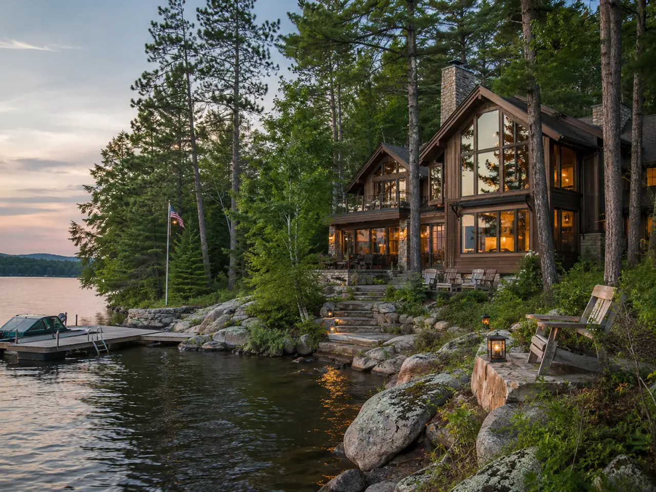 Lake house with warm evening lights, stone steps, pine trees, dock, and water frontage