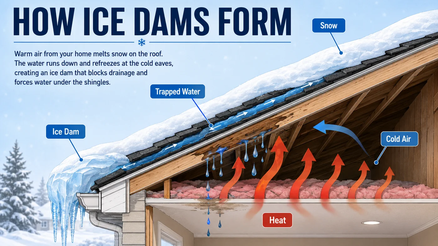 Diagram showing how heat loss, melting snow, trapped water, and cold eaves cause ice dams on a Wisconsin roof