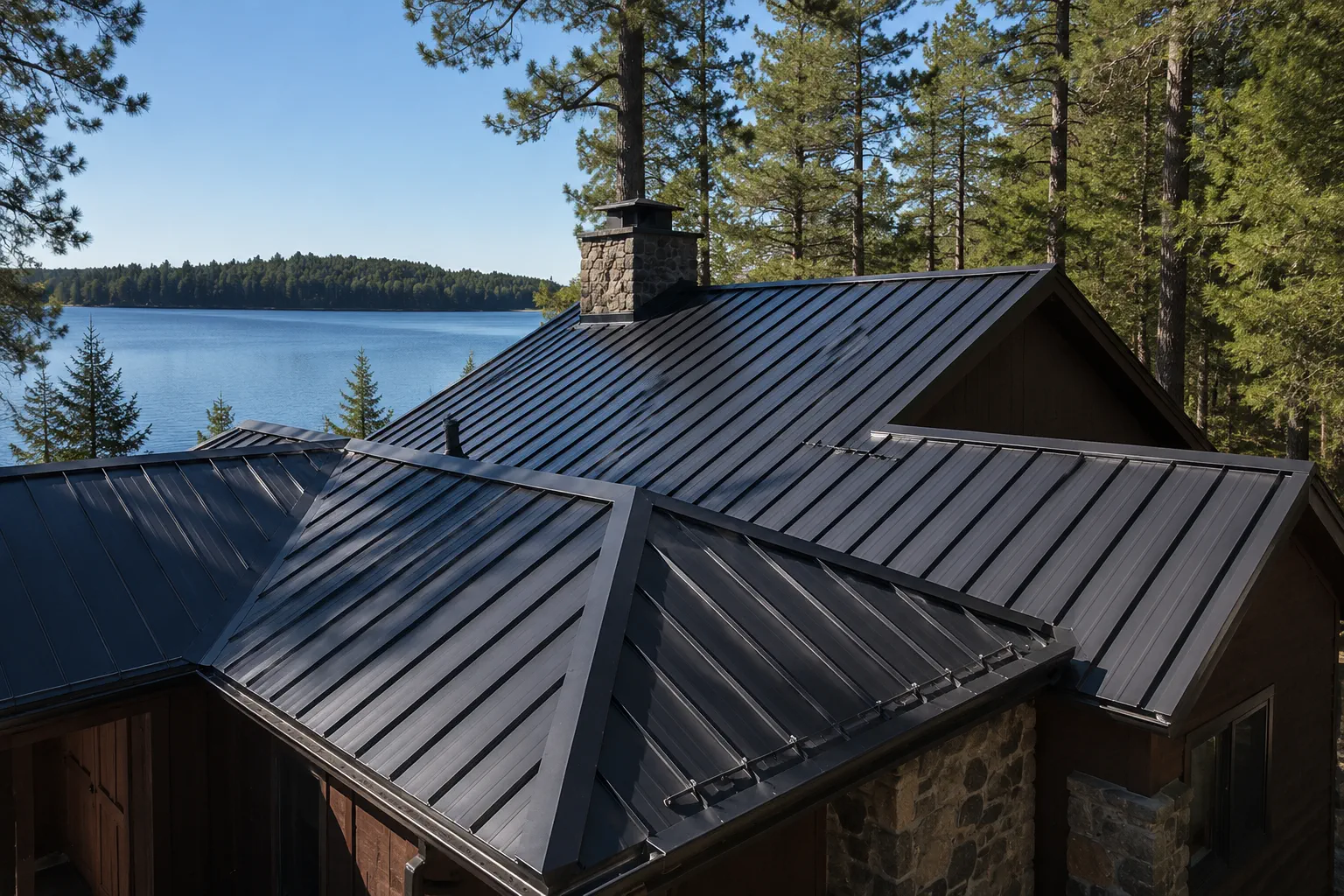 Wisconsin lake home with standing-seam metal roof, chimney, valleys, and wooded lakeside setting